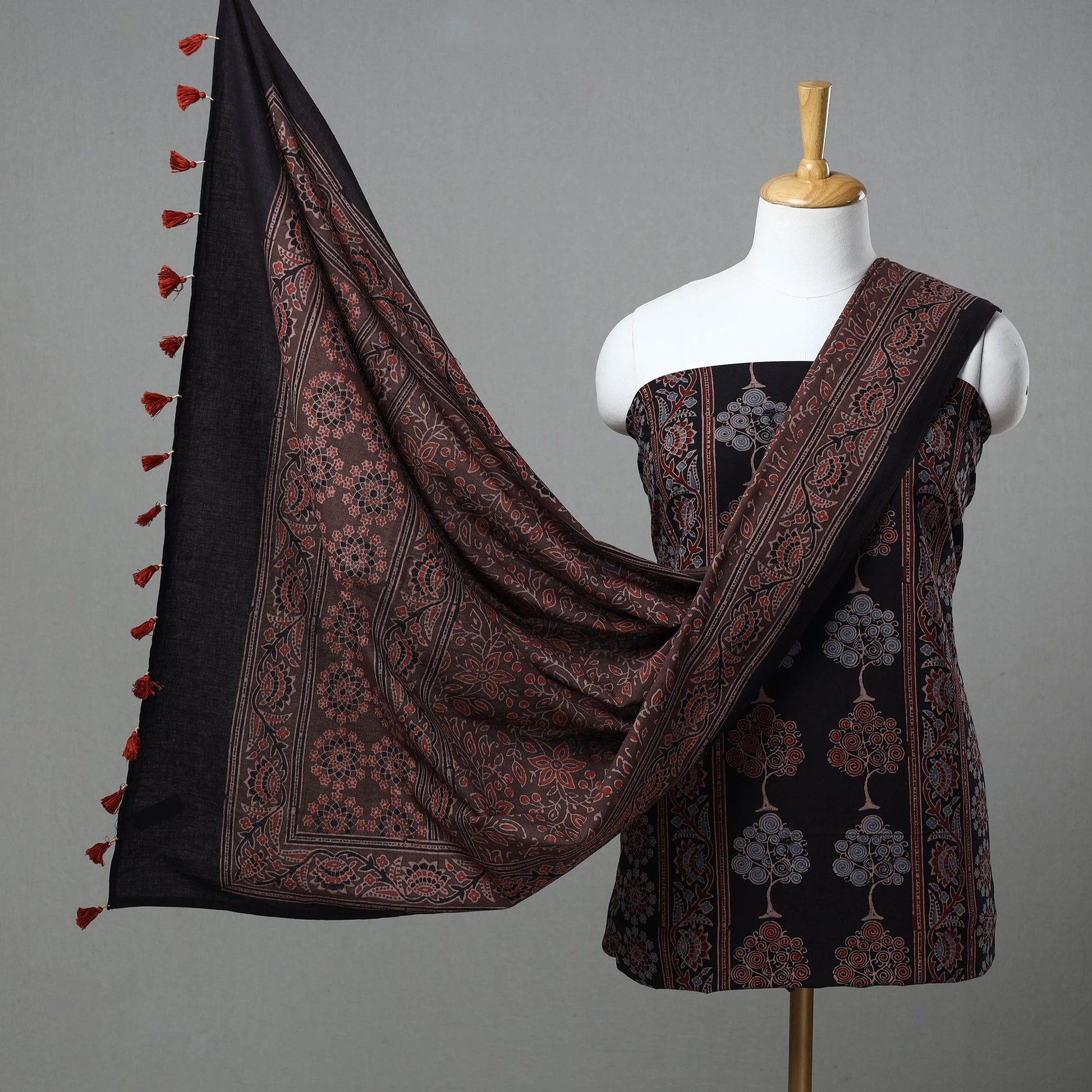 Black - Kutch Block Print Cotton 3pc Ajrakh Dress Material 10