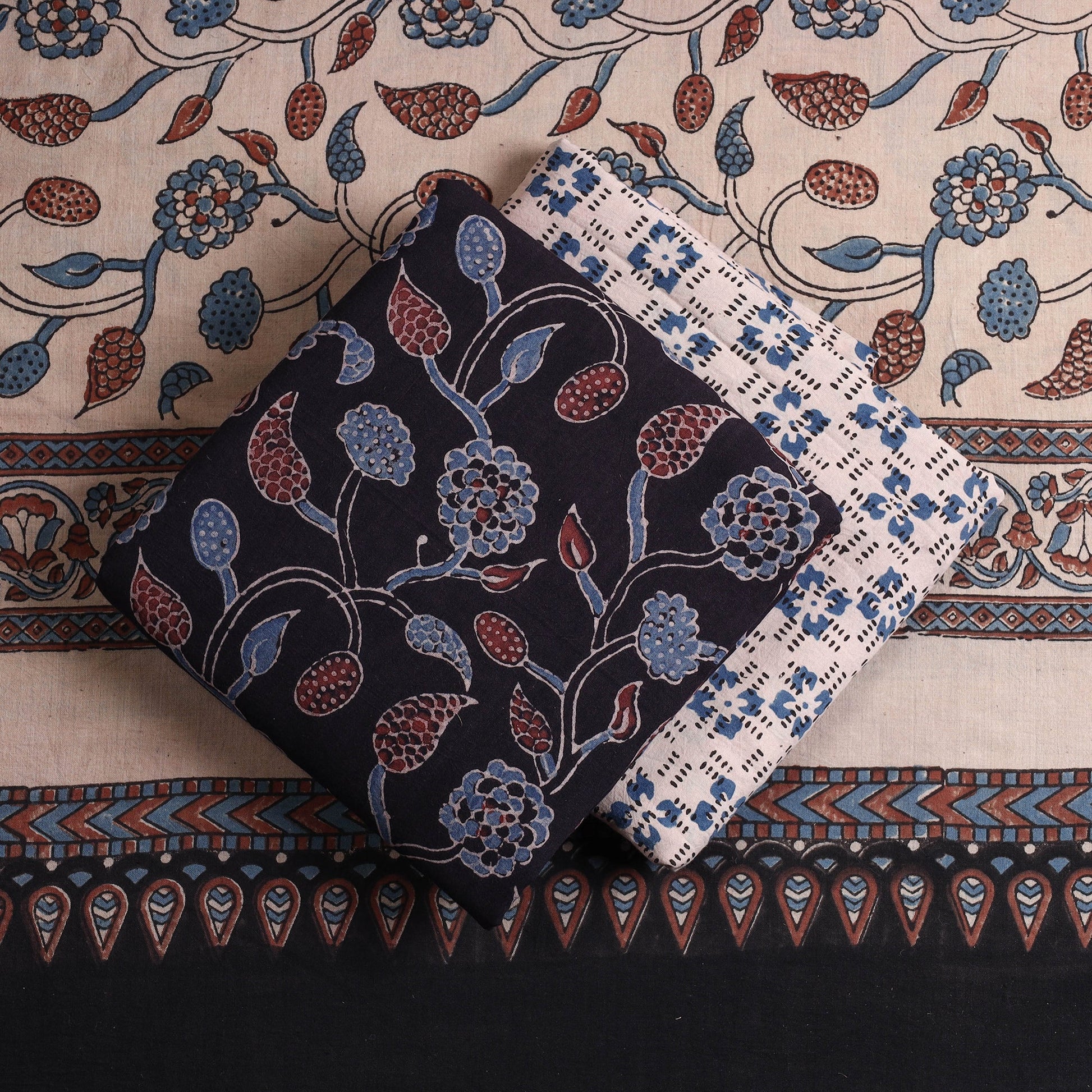 Black - Kutch Block Print Cotton 3pc Ajrakh Dress Material 08
