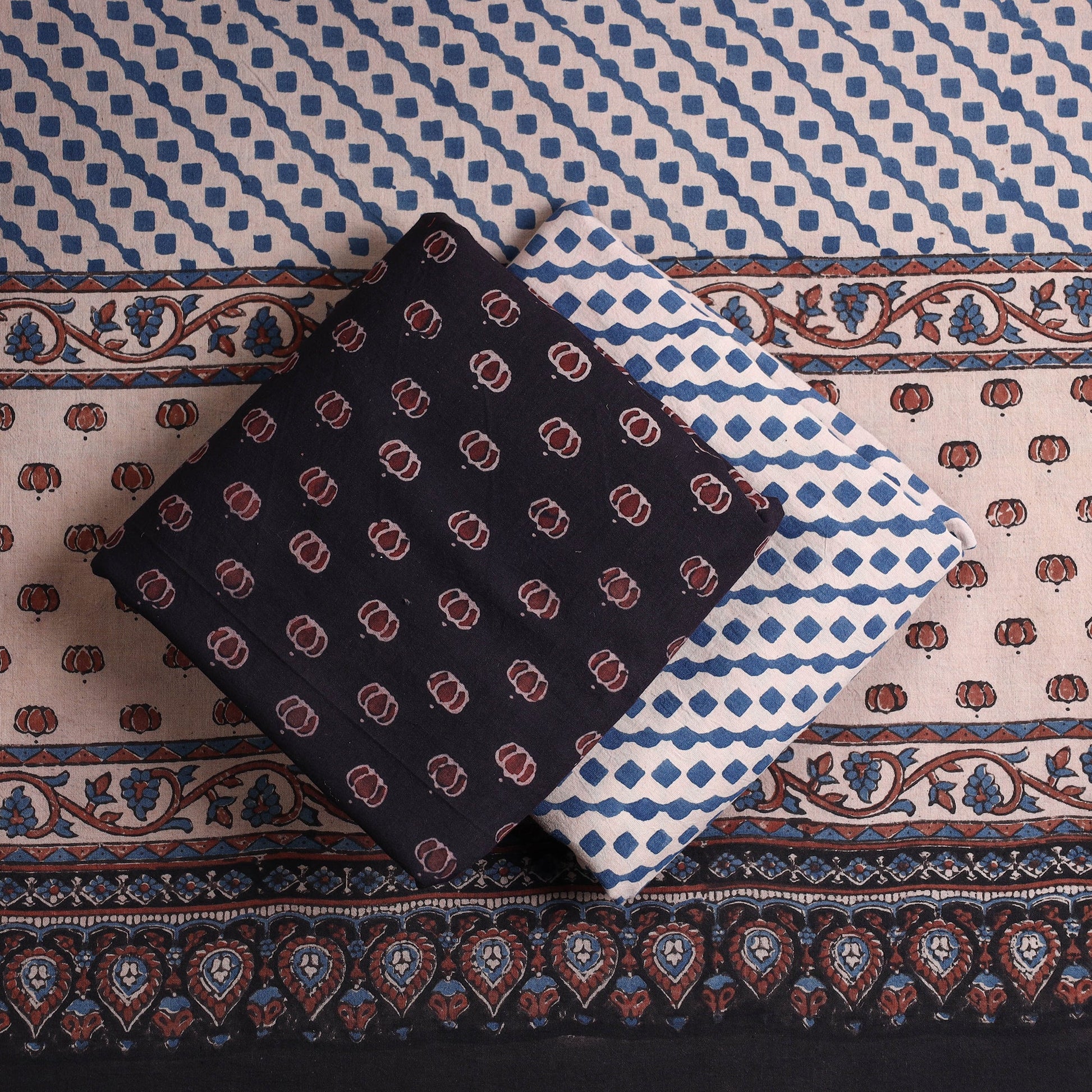 Black - Kutch Block Print Cotton 3pc Ajrakh Dress Material 09
