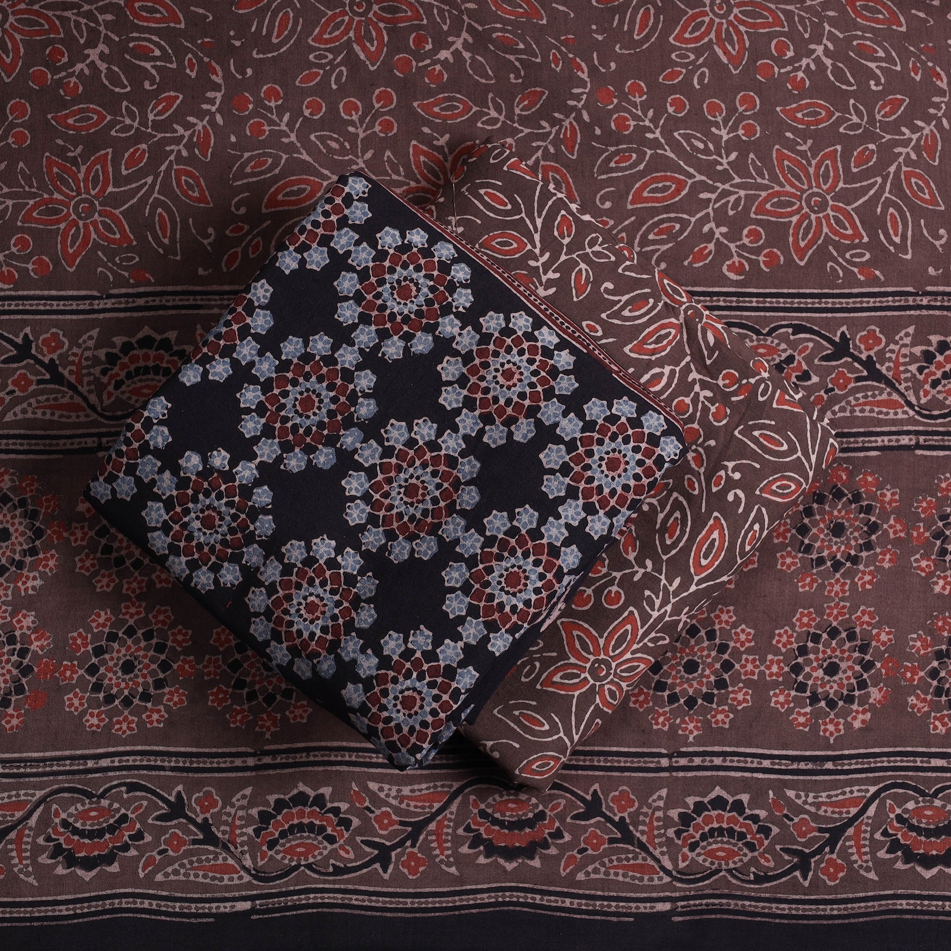 Black - Kutch Block Print Cotton 3pc Ajrakh Dress Material 10