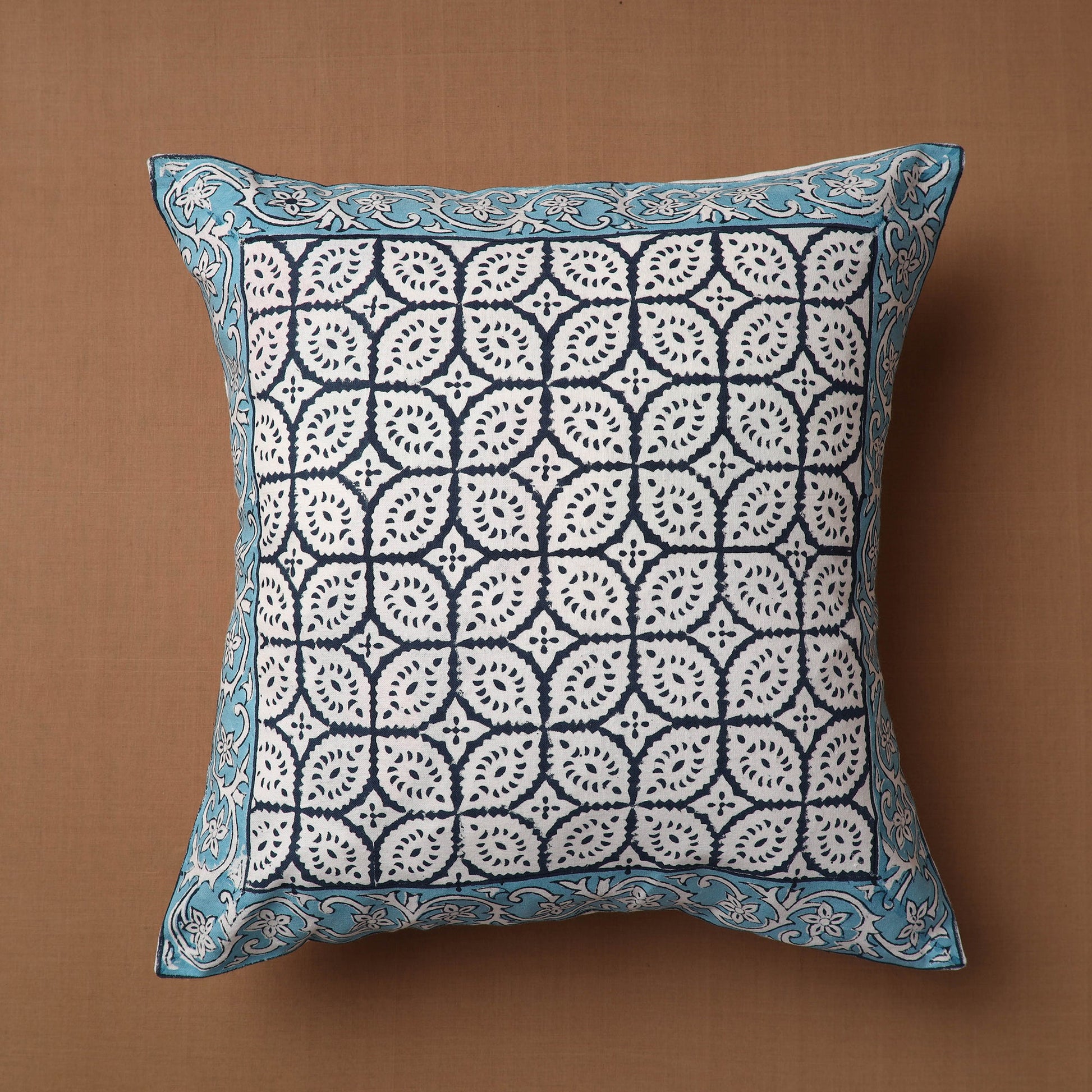 Blue - Block Print Cotton Sanganeri Cushion Cover (16 x 16 in)