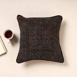Black - Kala Raksha Rabari Bakhiya Hand Embroidered Pure Cotton Cushion Cover (16 x 16 in)