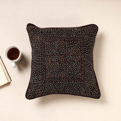Black - Kala Raksha Rabari Bakhiya Hand Embroidered Pure Cotton Cushion Cover (16 x 16 in)