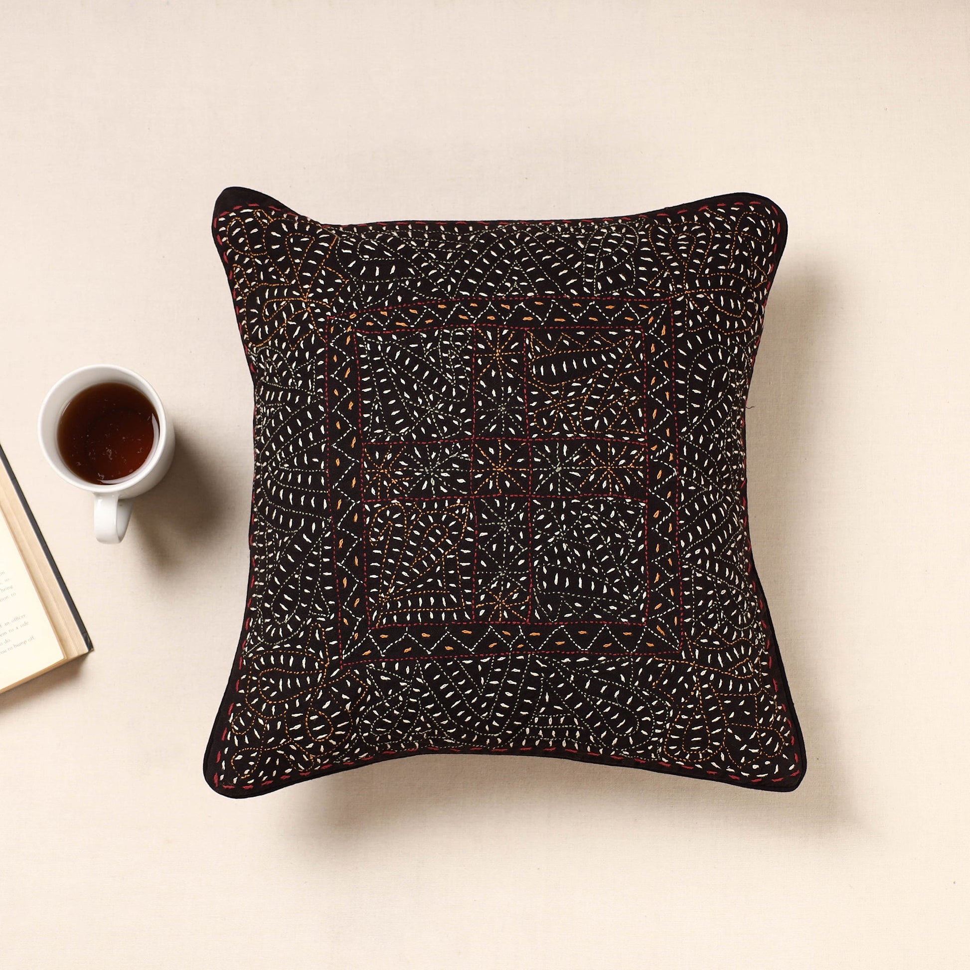 Black - Kala Raksha Rabari Bakhiya Hand Embroidered Pure Cotton Cushion Cover (16 x 16 in)