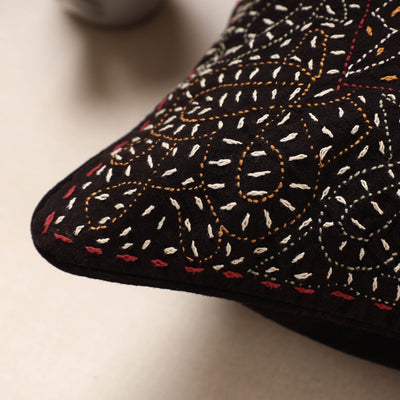 Black - Kala Raksha Rabari Bakhiya Hand Embroidered Pure Cotton Cushion Cover (16 x 16 in)