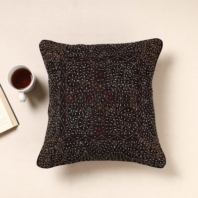 Black - Kala Raksha Rabari Bakhiya Hand Embroidered Pure Cotton Cushion Cover (16 x 16 in)