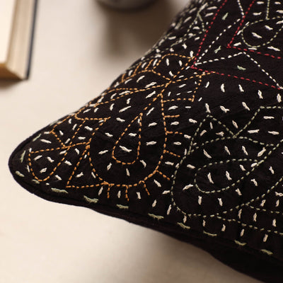 Black - Kala Raksha Rabari Bakhiya Hand Embroidered Pure Cotton Cushion Cover (16 x 16 in)