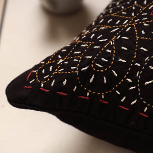Black - Kala Raksha Rabari Bakhiya Hand Embroidered Pure Cotton Cushion Cover (16 x 16 in)