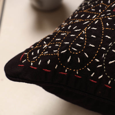 Black - Kala Raksha Rabari Bakhiya Hand Embroidered Pure Cotton Cushion Cover (16 x 16 in)