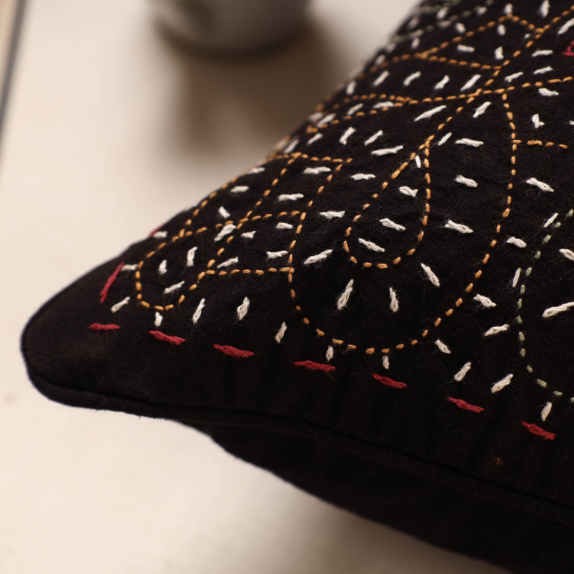 Black - Kala Raksha Rabari Bakhiya Hand Embroidered Pure Cotton Cushion Cover (16 x 16 in)