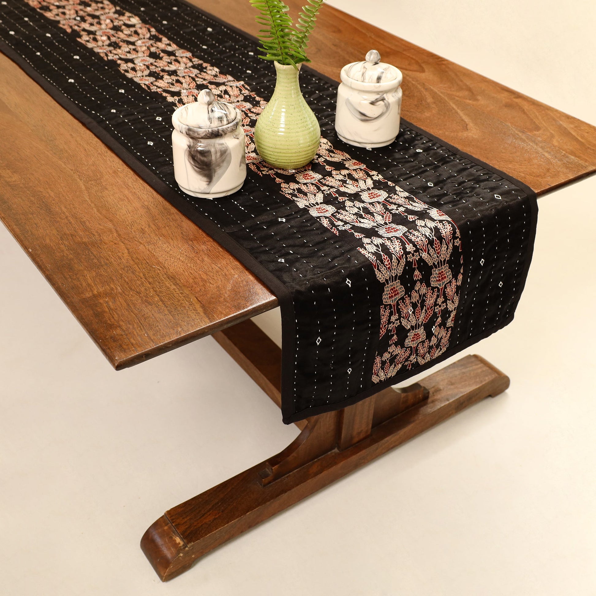 Black - Kutch Tagai Ajrakh Patchwork Mashru Silk Table Runner (48 x 14 in) 06