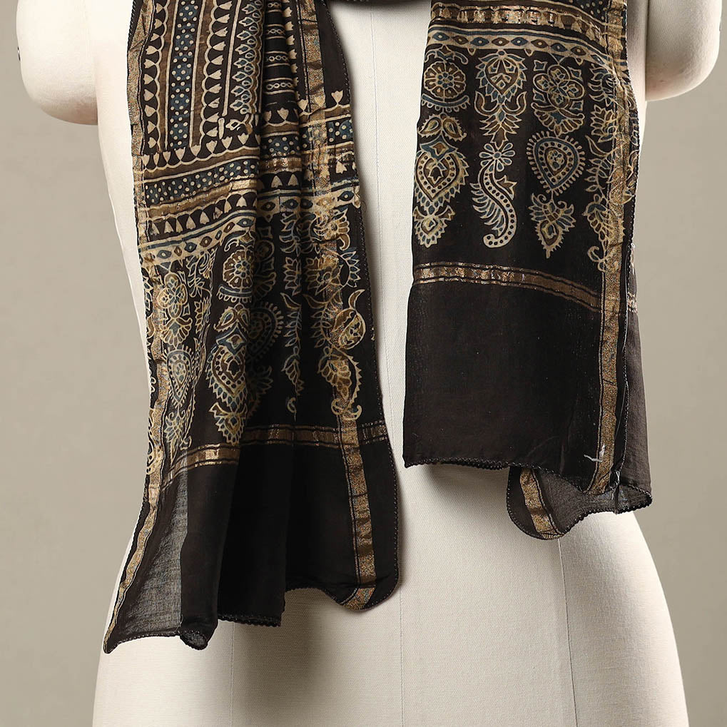 Brown - Handloom Chanderi Silk Block Printed Ajrakh Stole 15