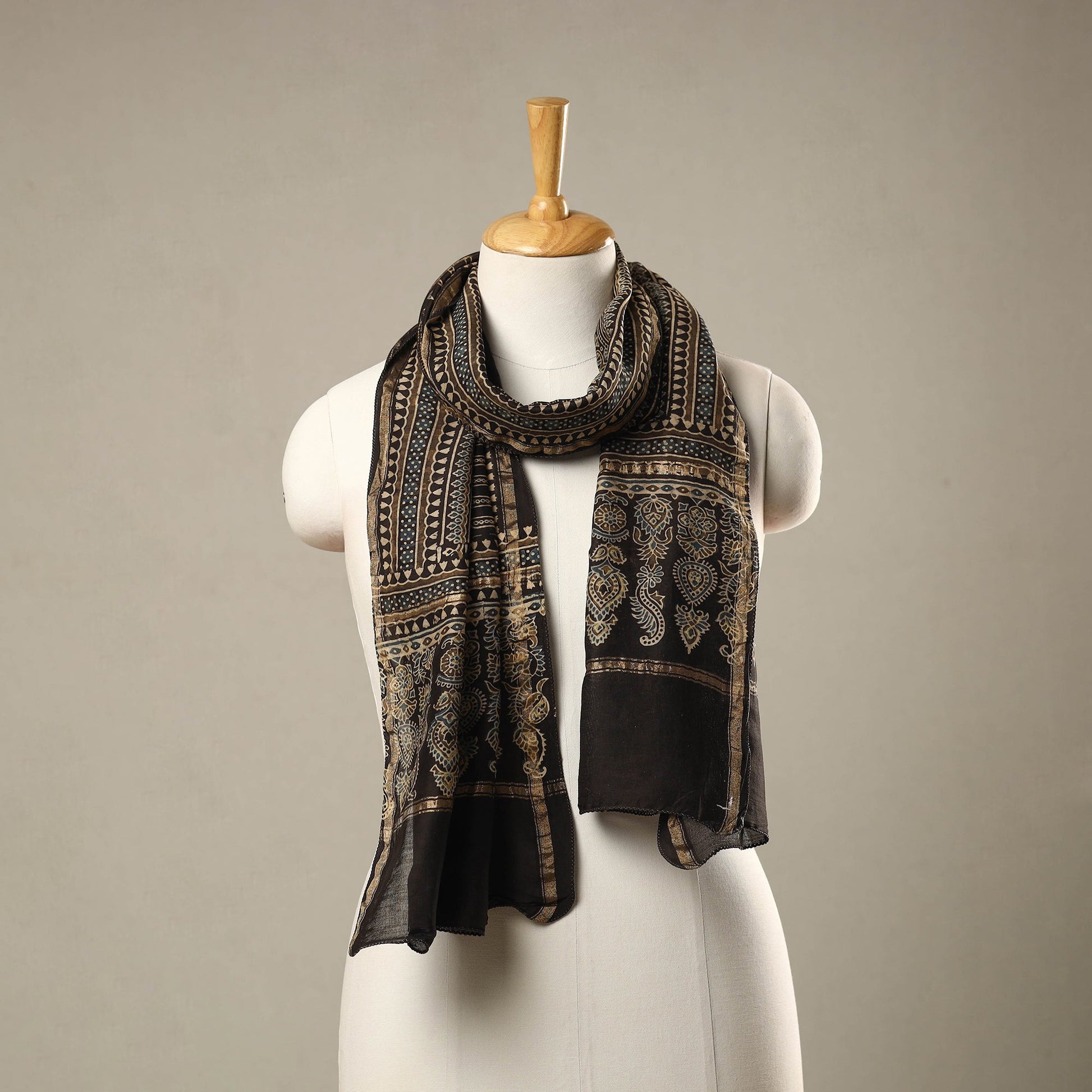 Brown - Handloom Chanderi Silk Block Printed Ajrakh Stole 15
