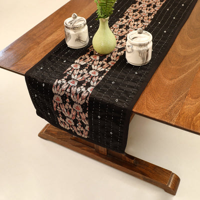 Black - Kutch Tagai Ajrakh Patchwork Mashru Silk Table Runner (48 x 14 in) 06