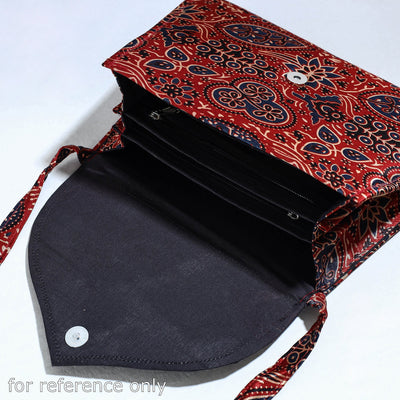 Brown - Handcrafted Ajrakh Mashru Silk Sling Bag with Leather Flap