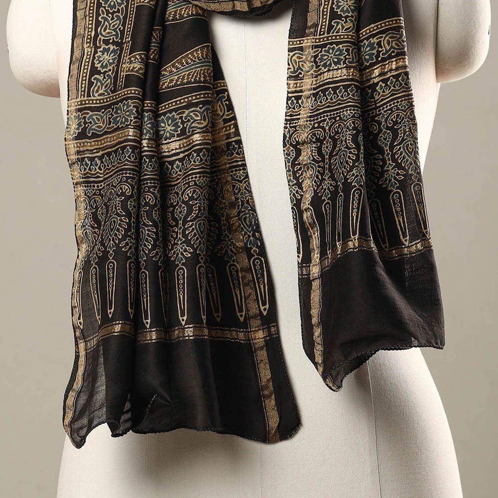 Brown - Handloom Chanderi Silk Block Printed Ajrakh Stole 20