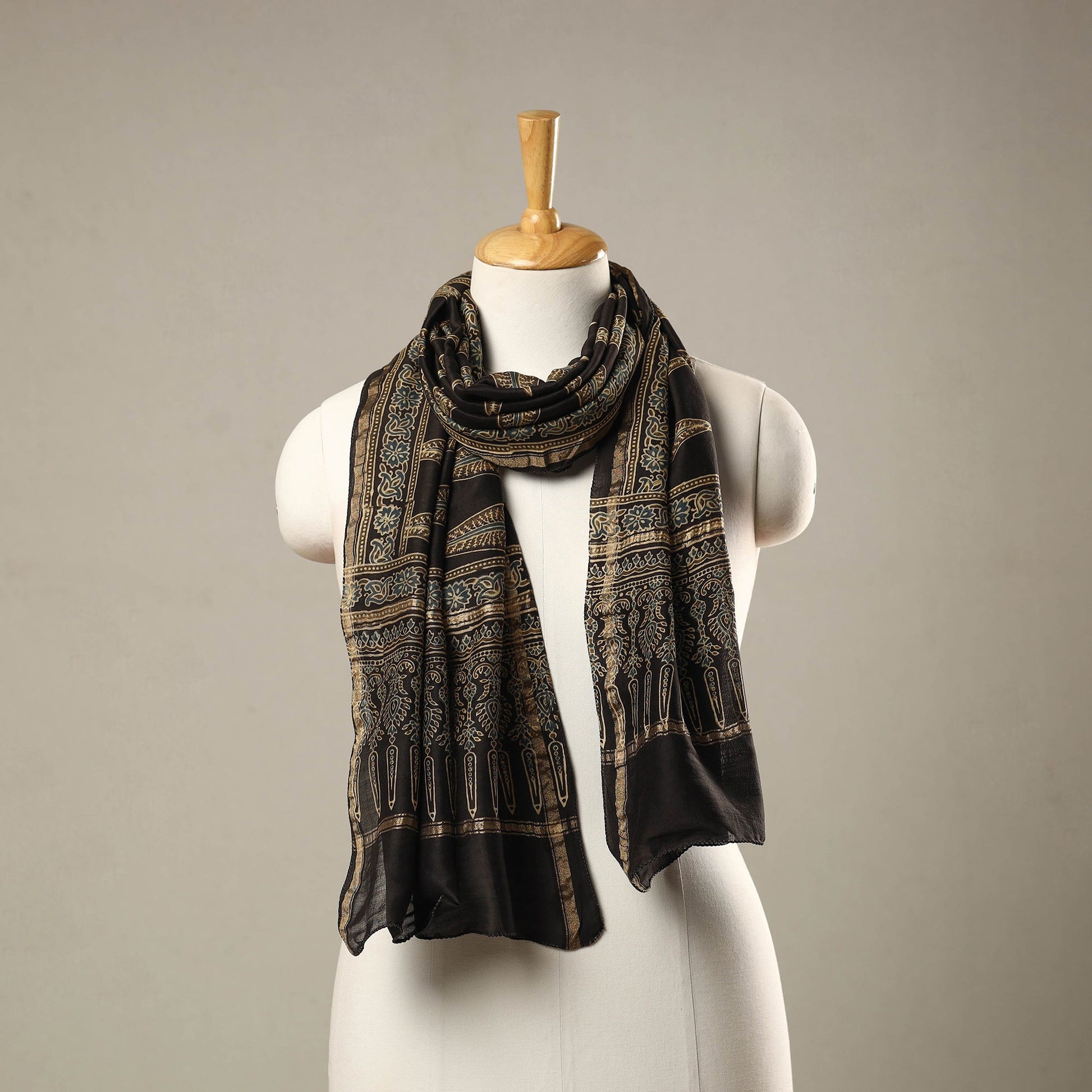 Brown - Handloom Chanderi Silk Block Printed Ajrakh Stole 20