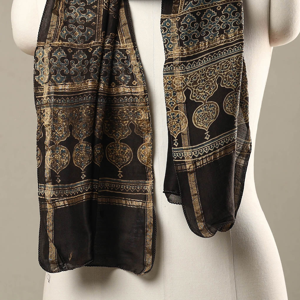 Brown - Handloom Chanderi Silk Block Printed Ajrakh Stole 10
