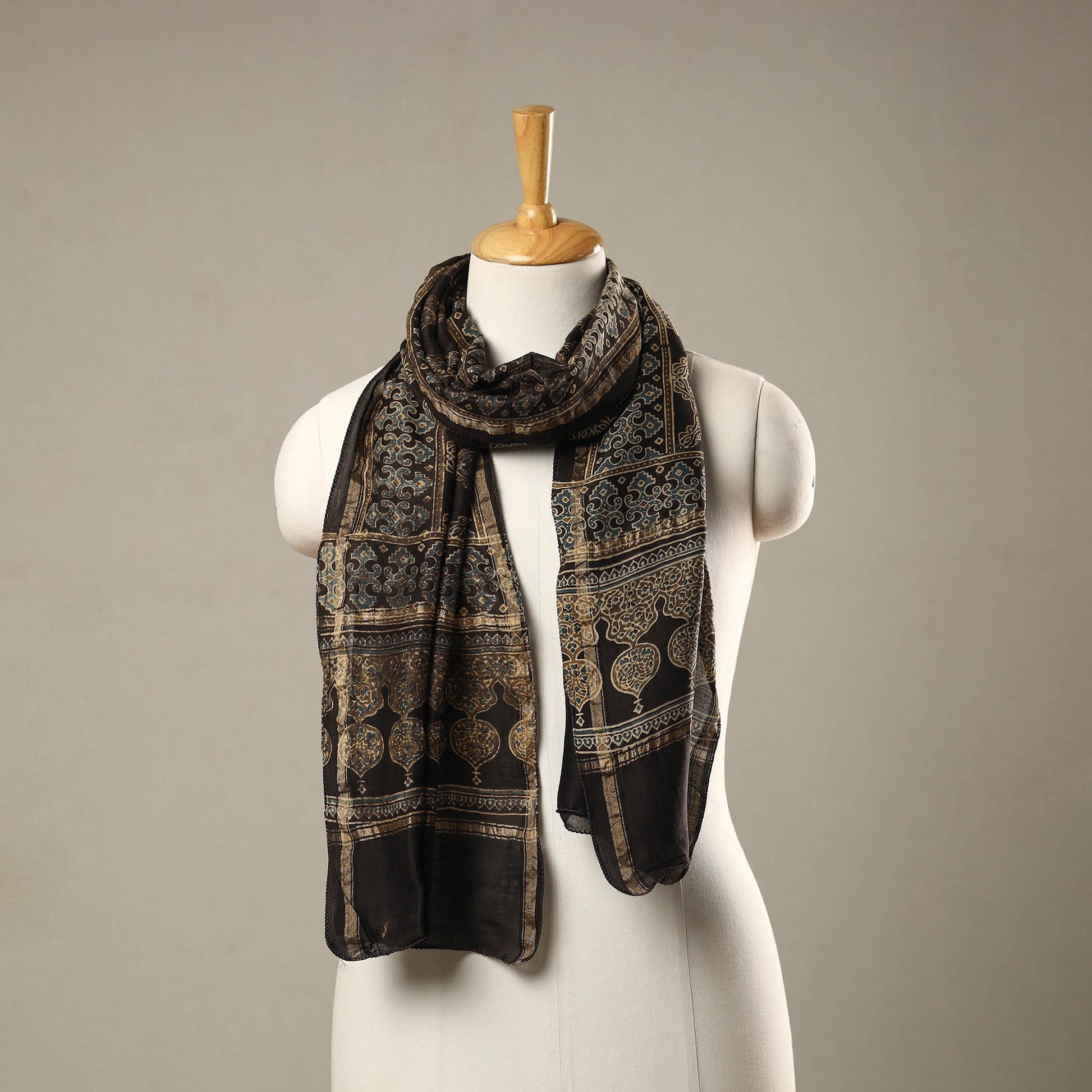 Brown - Handloom Chanderi Silk Block Printed Ajrakh Stole 10