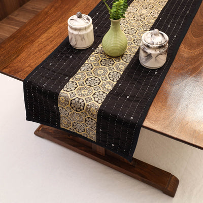 Black - Kutch Tagai Embroidered Patchwork Mashru Silk Table Runner (14 x36 in)