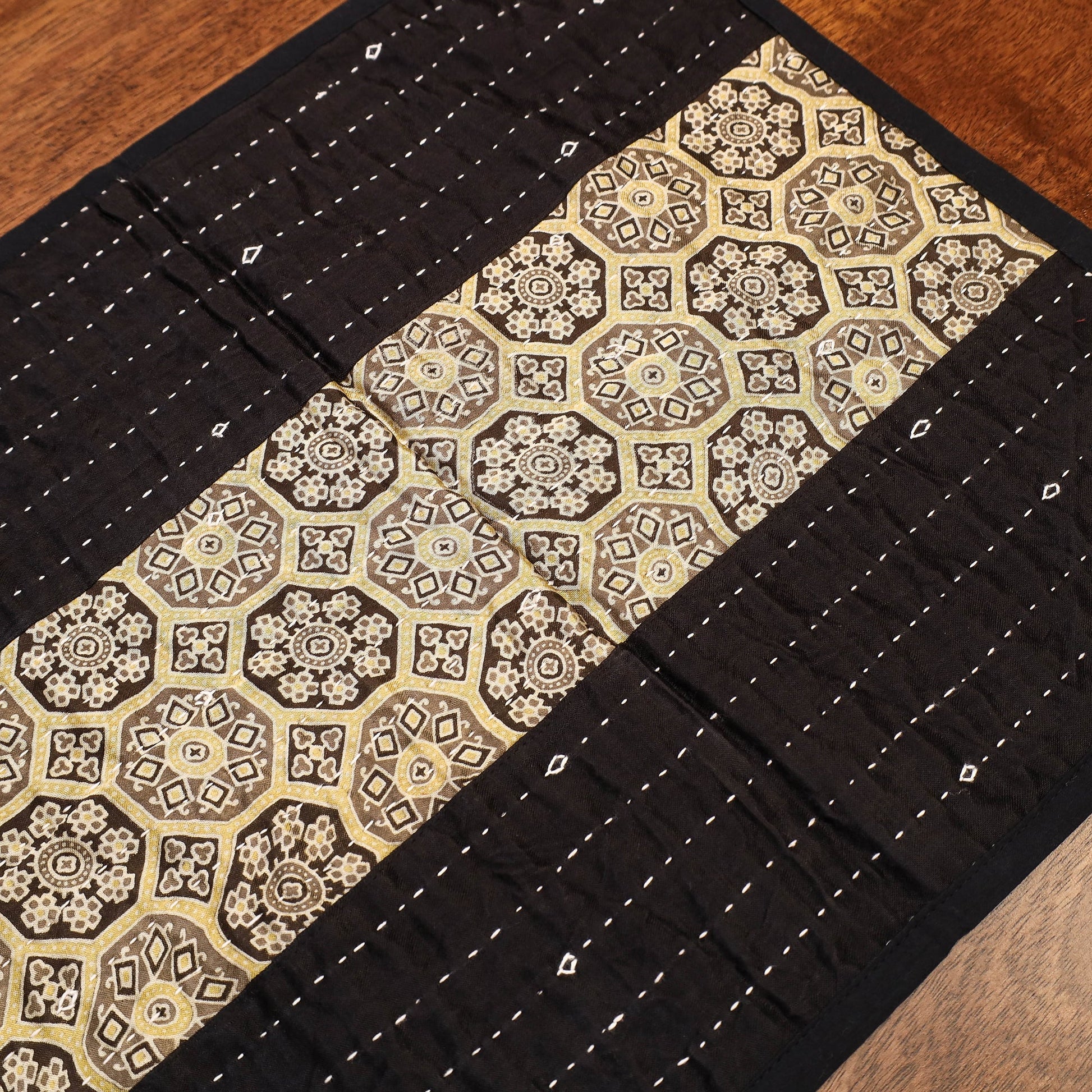 Black - Kutch Tagai Embroidered Patchwork Mashru Silk Table Runner (14 x36 in)