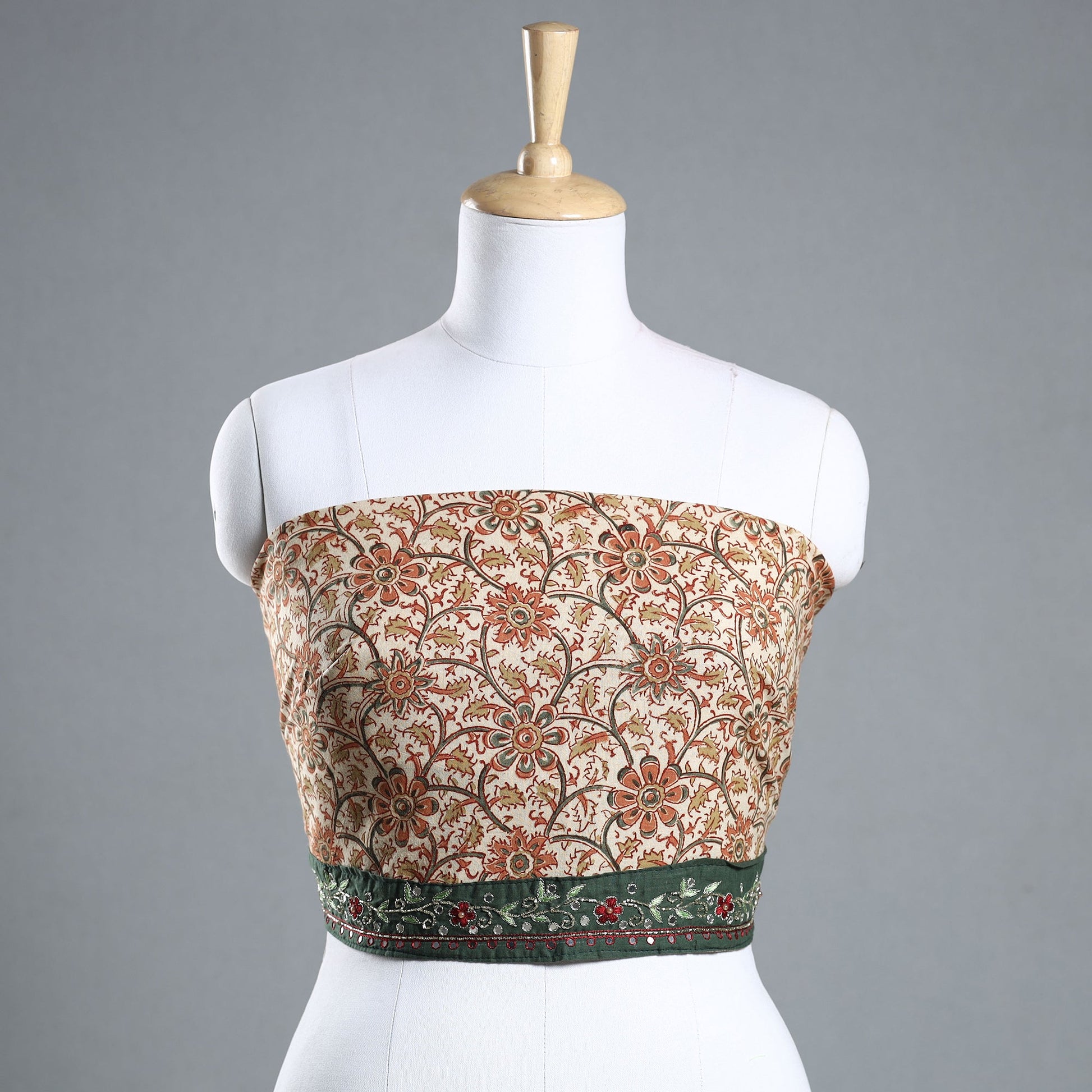 Beige - Zardozi Hand Embroidered Kalamkari Cotton Blouse Piece