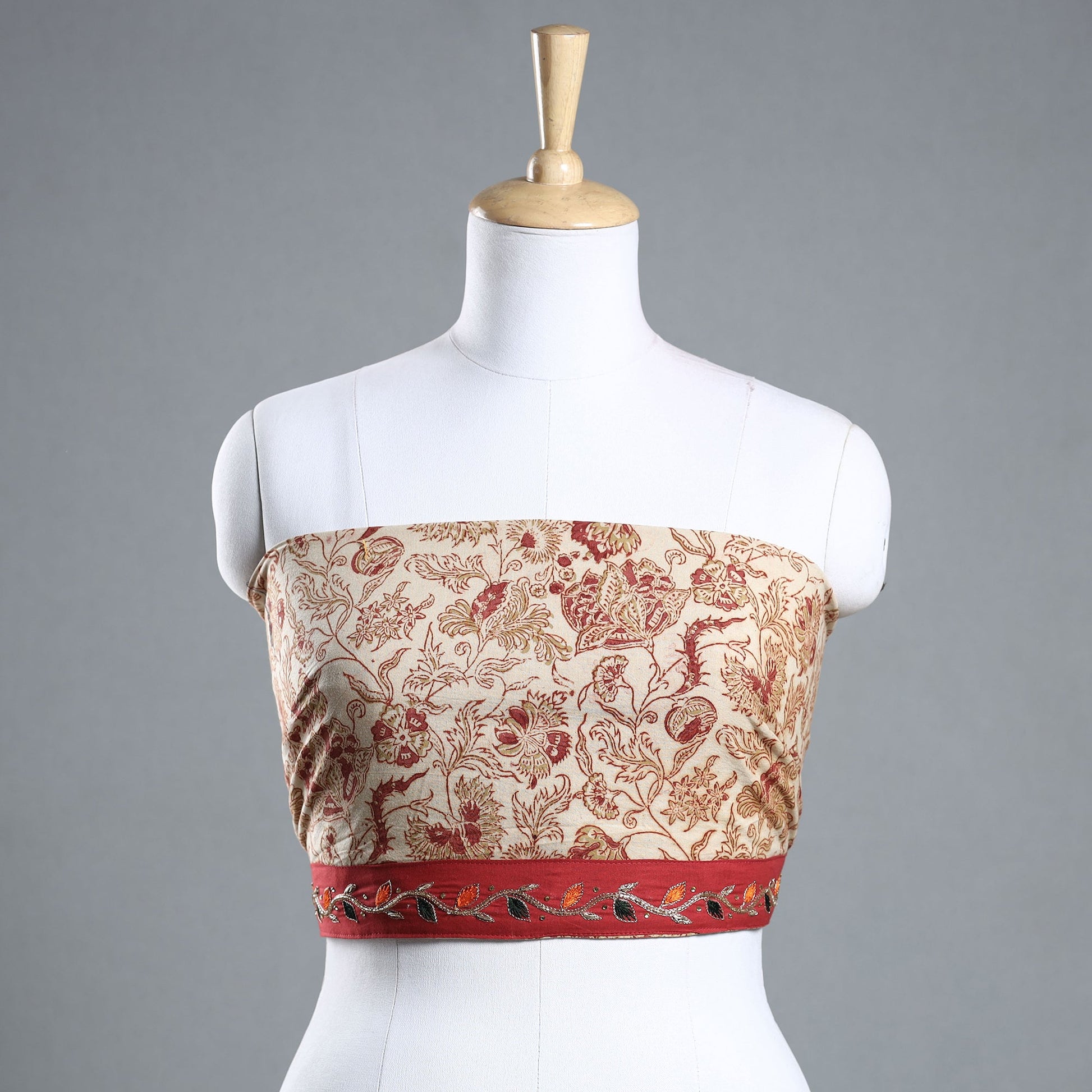 Beige - Zardozi Hand Embroidered Kalamkari Cotton Blouse Piece