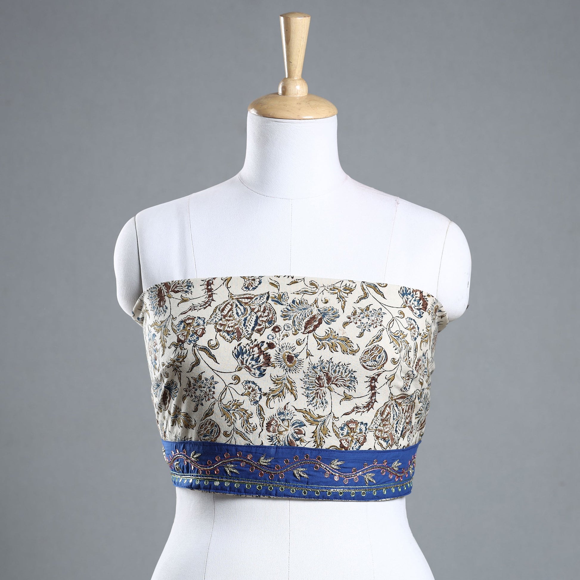 Beige - Zardozi Hand Embroidered Kalamkari Cotton Blouse Piece