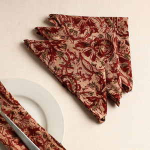 Beige - Set of 4 - Red Kalamkari Block Printed Cotton Table Napkins (18 x 18 in)