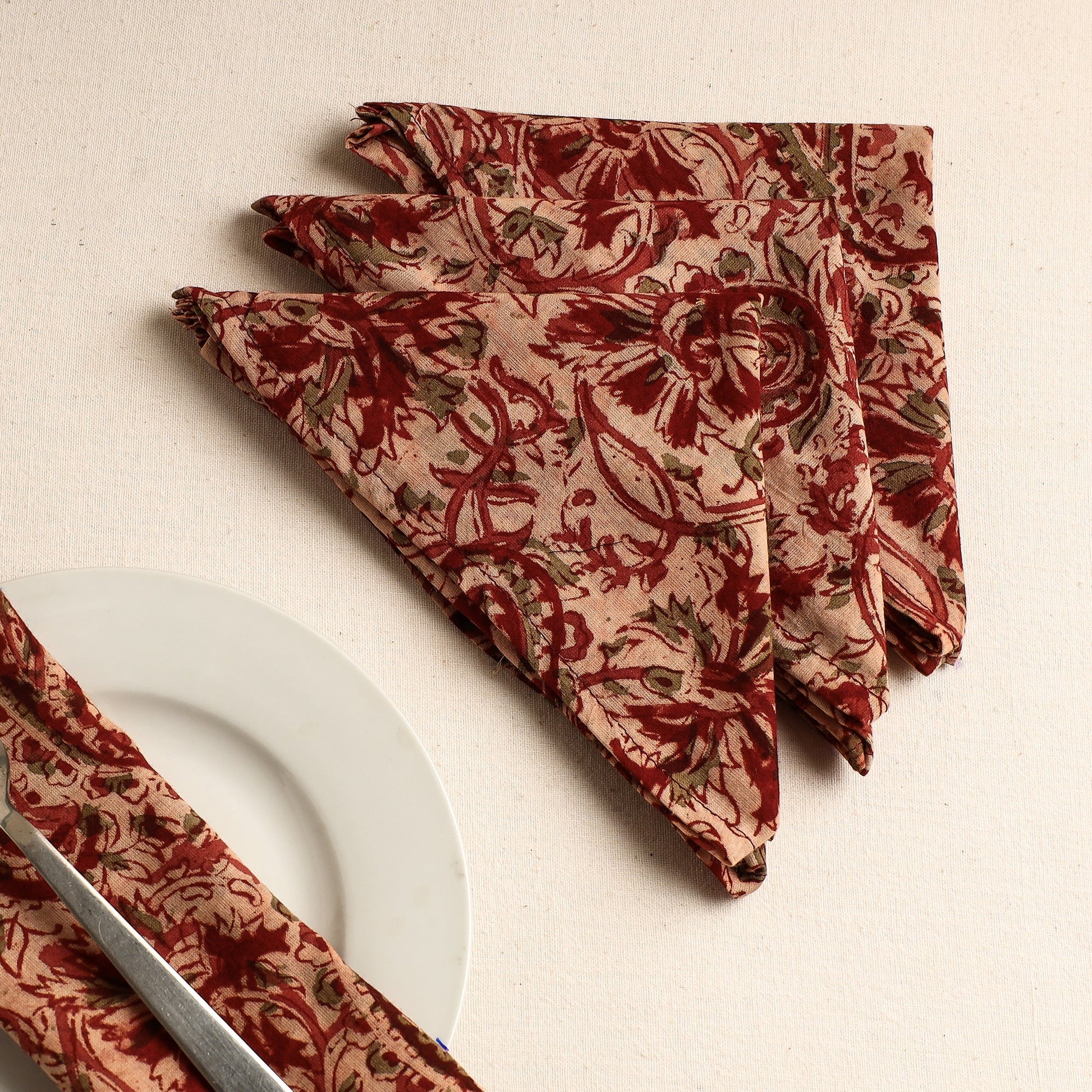 Beige - Set of 4 - Red Kalamkari Block Printed Cotton Table Napkins (18 x 18 in)
