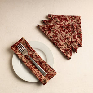 Beige - Set of 4 - Red Kalamkari Block Printed Cotton Table Napkins (18 x 18 in)