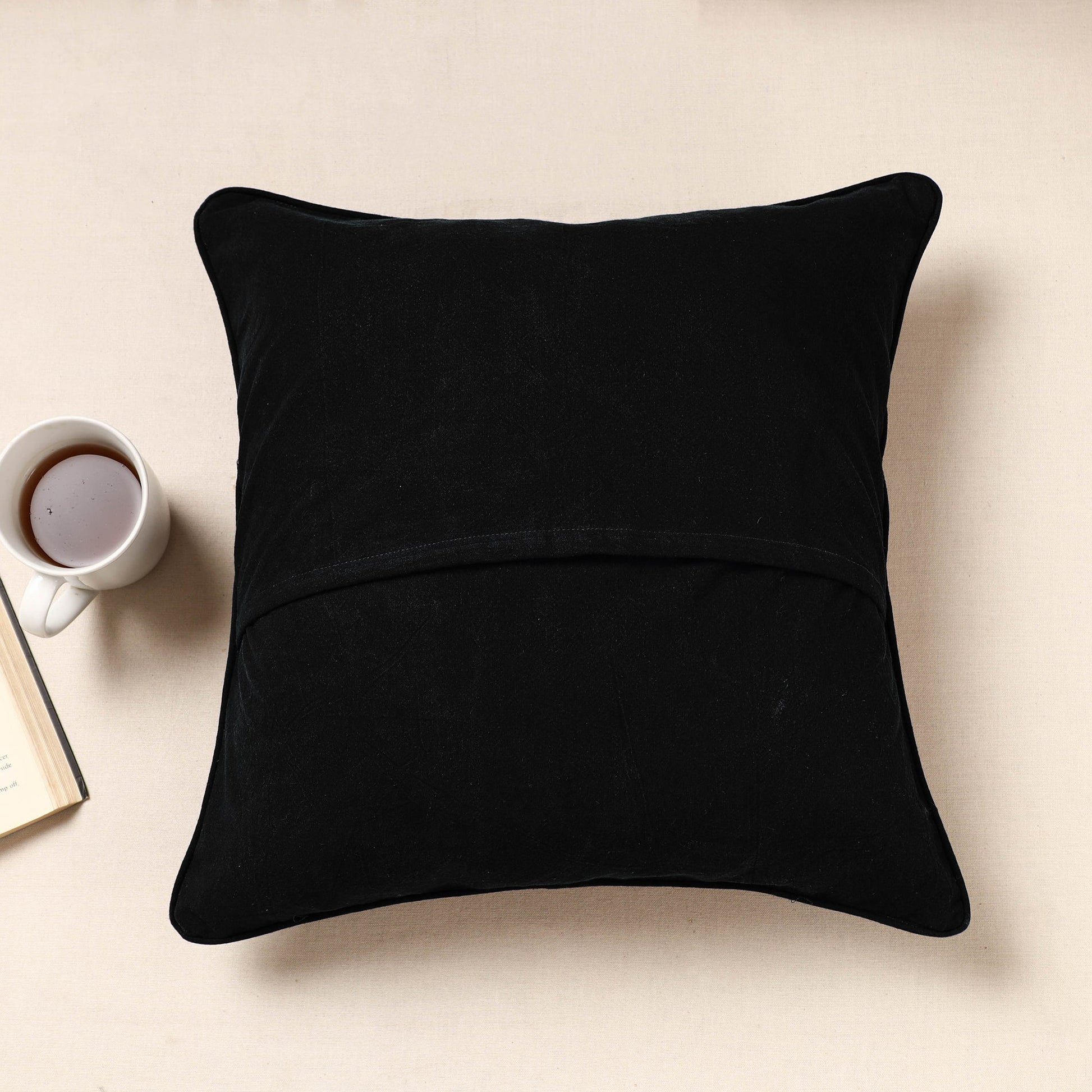 Black - Kala Raksha Rabari Bakhiya Hand Embroidered Pure Cotton Cushion Cover (16 x 16 in)
