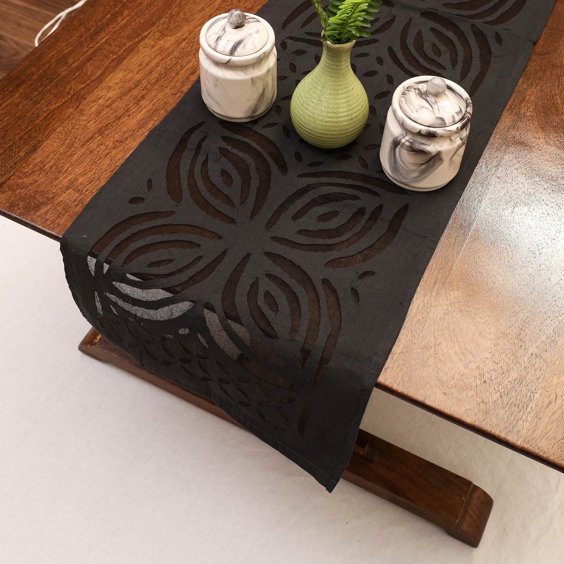 Black - Applique Cut work Cotton Table Runner (47 x 12.5 in)