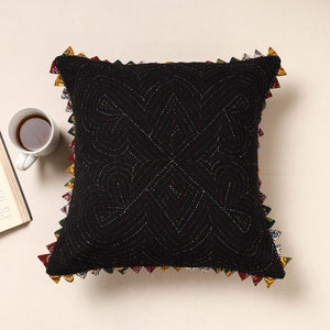 Black - Kala Raksha Tagai Work Cotton Cushion Cover (16 x 16 in)