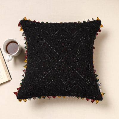 Black - Kala Raksha Tagai Work Cotton Cushion Cover (16 x 16 in)