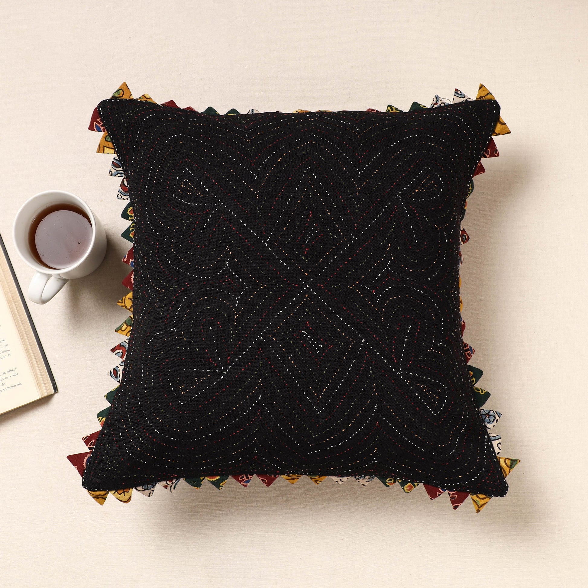 Black - Kala Raksha Tagai Work Cotton Cushion Cover (16 x 16 in)