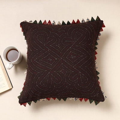Brown - Kala Raksha Tagai Work Cotton Cushion Cover (16 x 16 in)