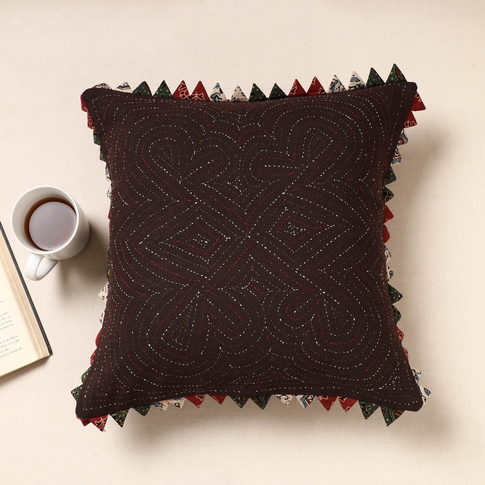 Brown - Kala Raksha Tagai Work Cotton Cushion Cover (16 x 16 in)