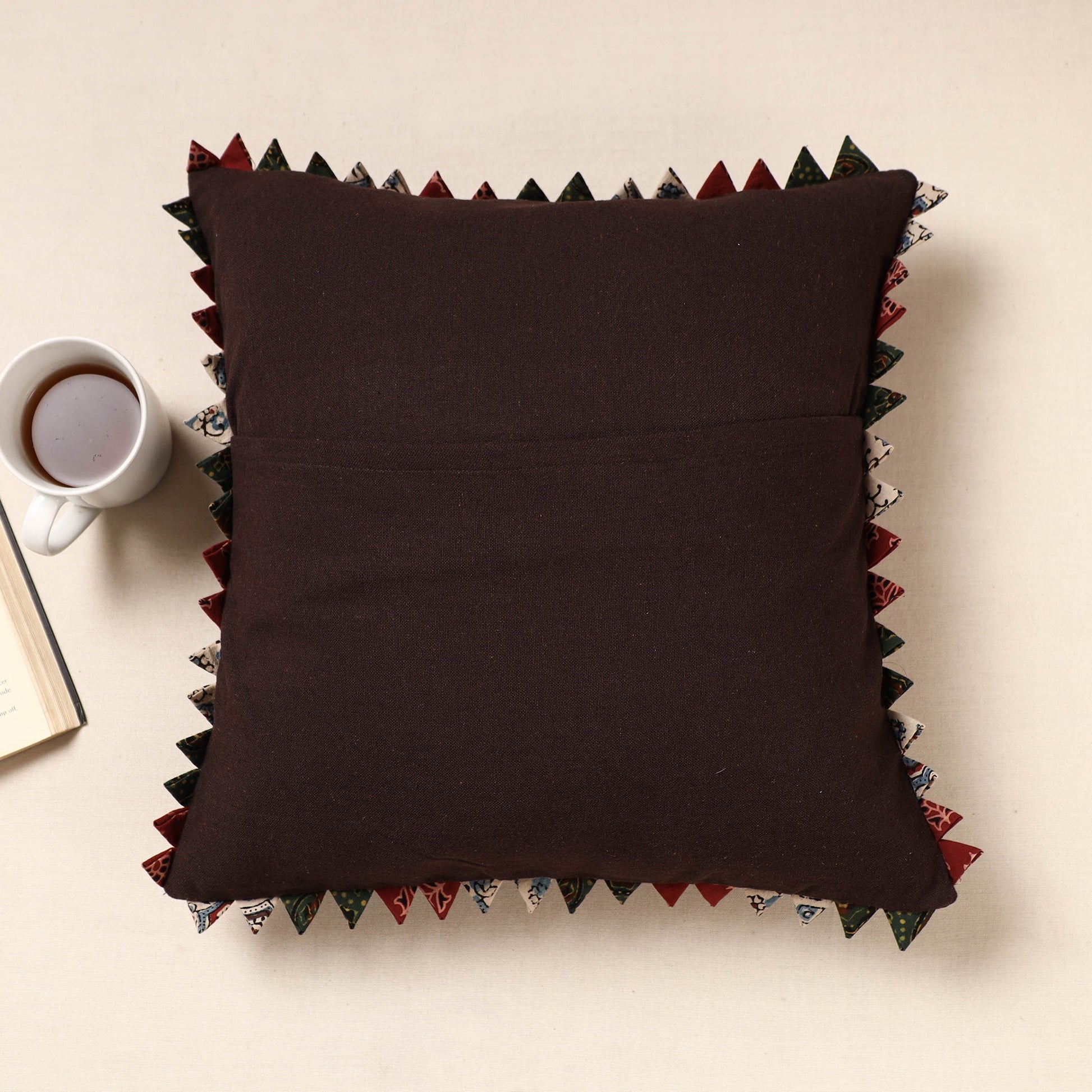 Brown - Kala Raksha Tagai Work Cotton Cushion Cover (16 x 16 in)