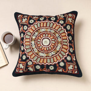Black - Kala Raksha Pakko Hand Embroidery Cotton Cushion Cover (16 x 16 in)