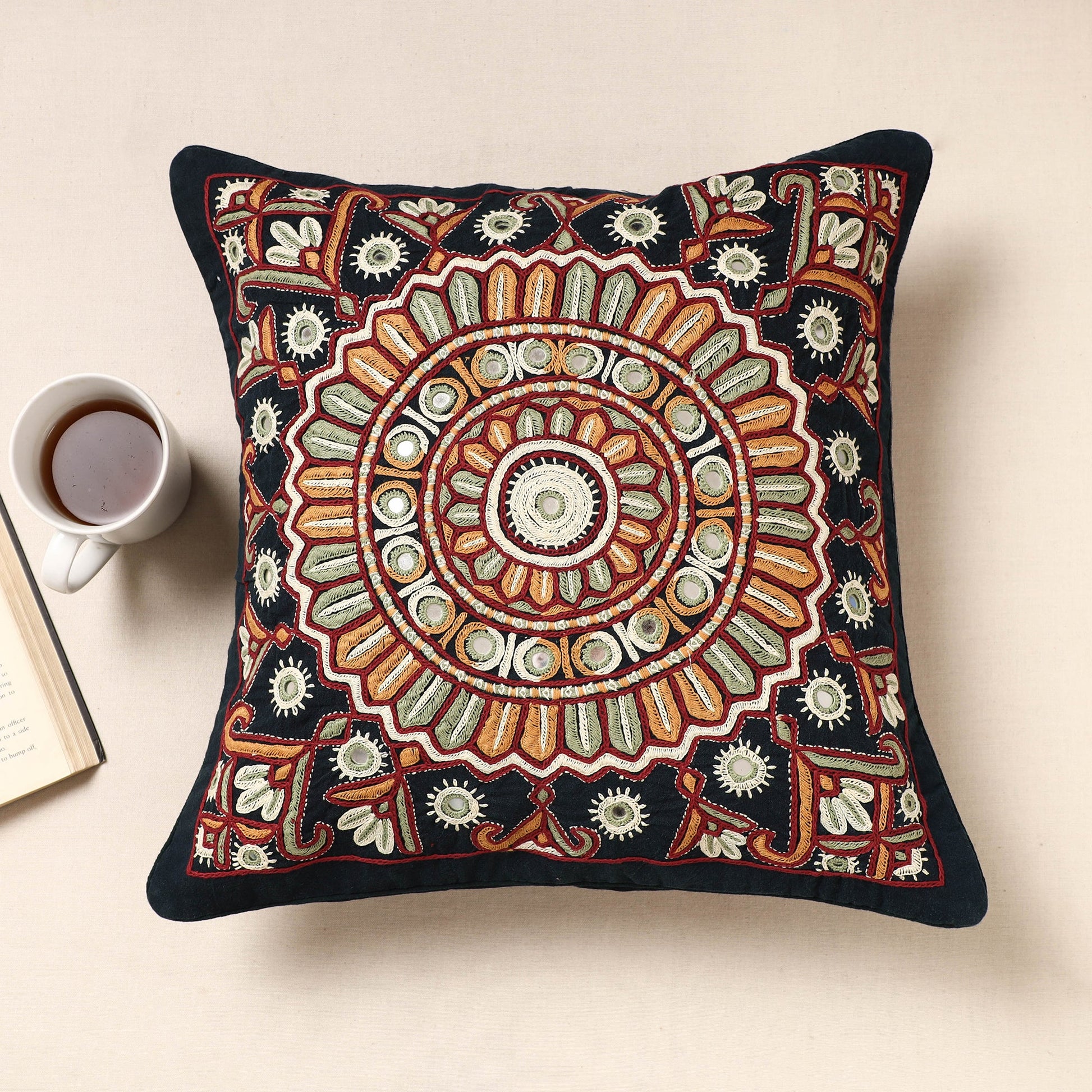 Black - Kala Raksha Pakko Hand Embroidery Cotton Cushion Cover (16 x 16 in)