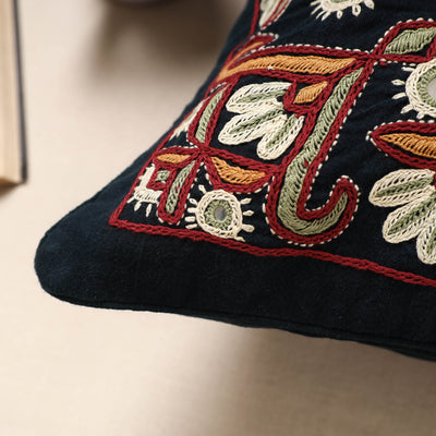 Black - Kala Raksha Pakko Hand Embroidery Cotton Cushion Cover (16 x 16 in)