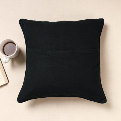 Black - Kala Raksha Pakko Hand Embroidery Cotton Cushion Cover (16 x 16 in)