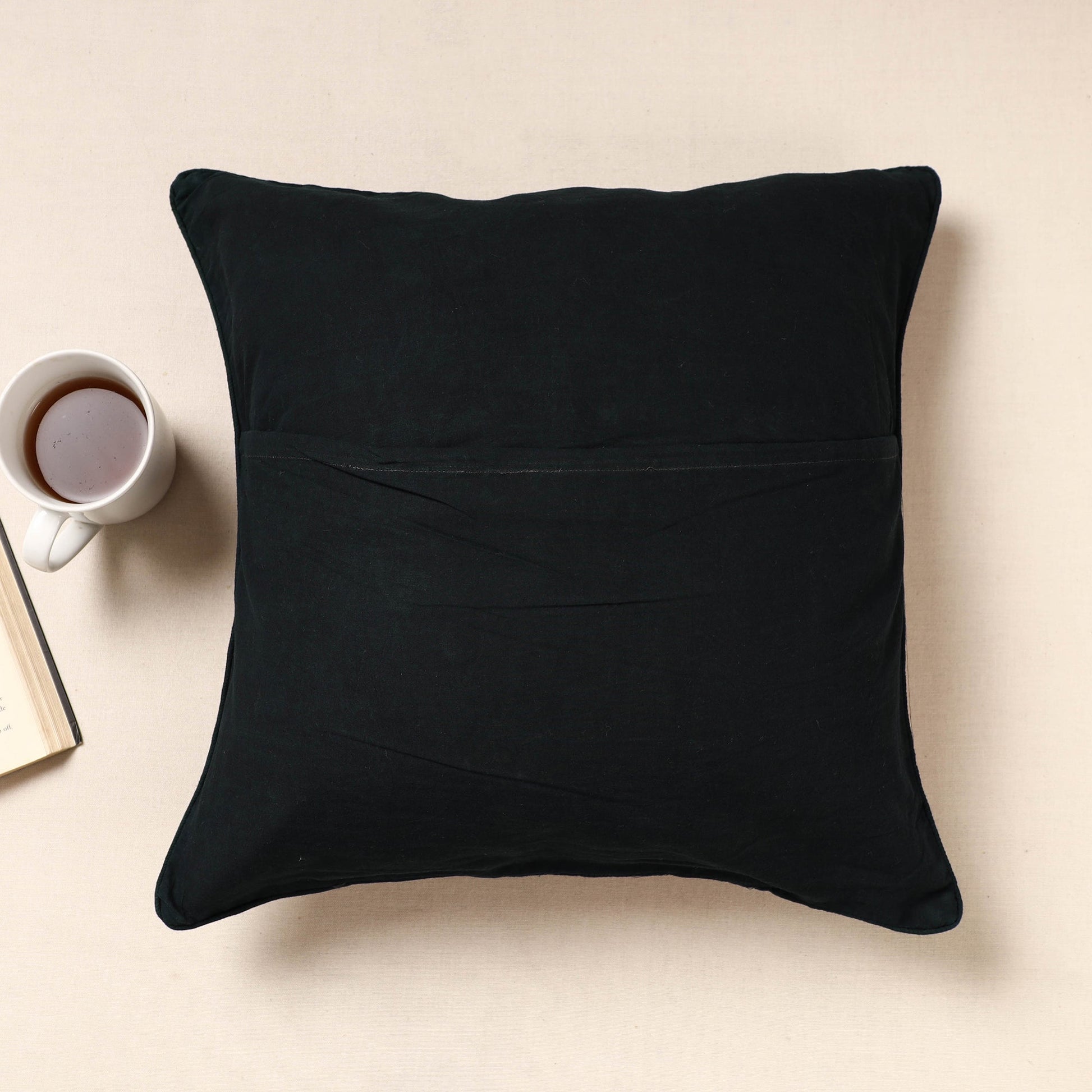 Black - Kala Raksha Pakko Hand Embroidery Cotton Cushion Cover (16 x 16 in)
