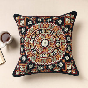 Black - Kala Raksha Pakko Hand Embroidery Cotton Cushion Cover (16 x 16 in)