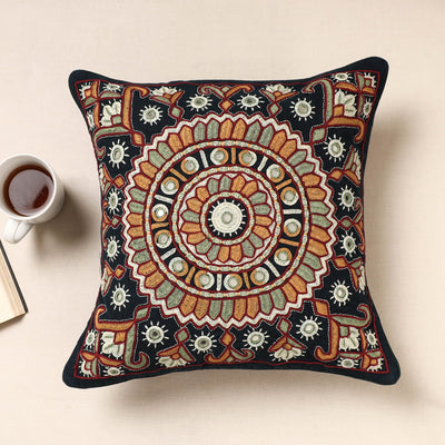 Black - Kala Raksha Pakko Hand Embroidery Cotton Cushion Cover (16 x 16 in)