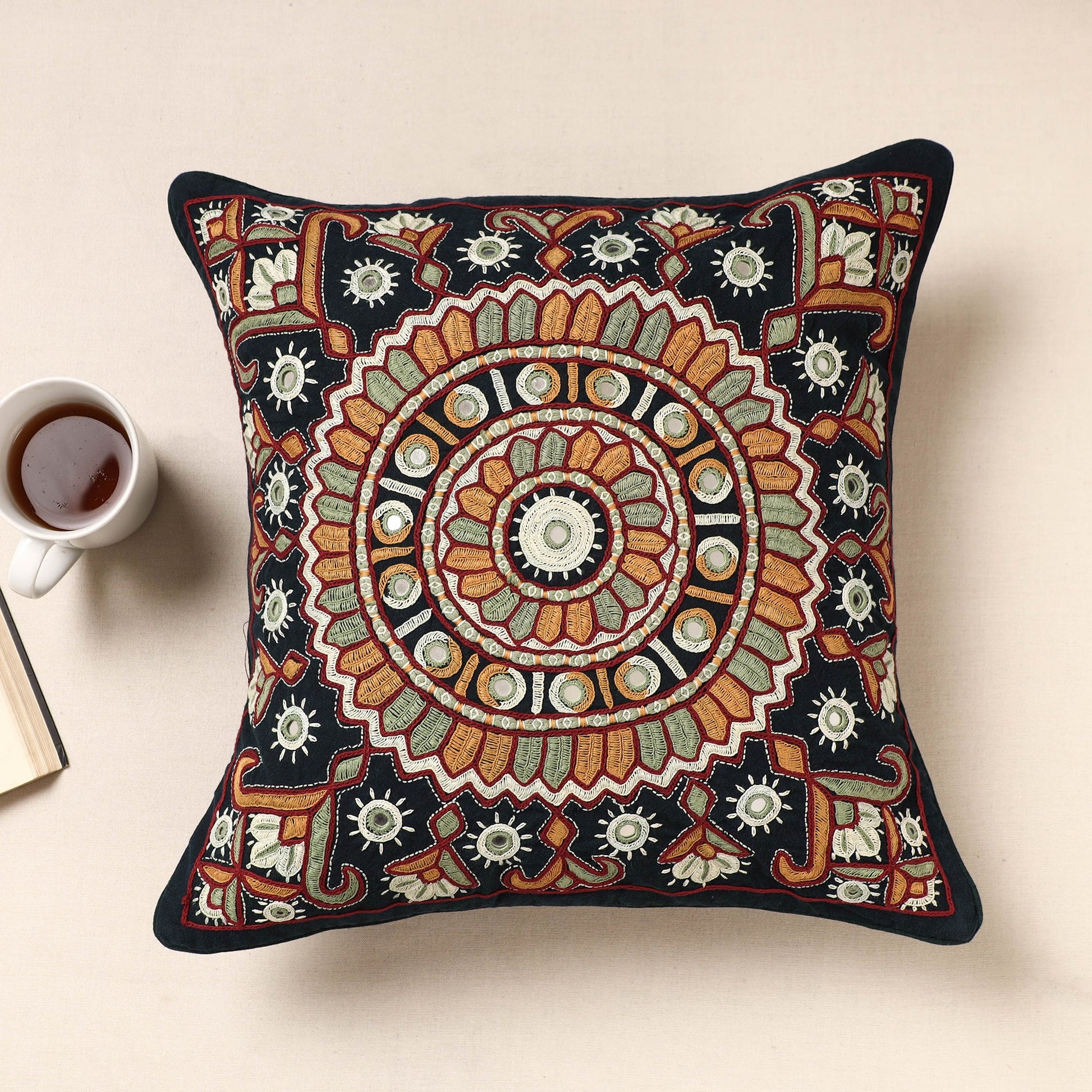 Black - Kala Raksha Pakko Hand Embroidery Cotton Cushion Cover (16 x 16 in)