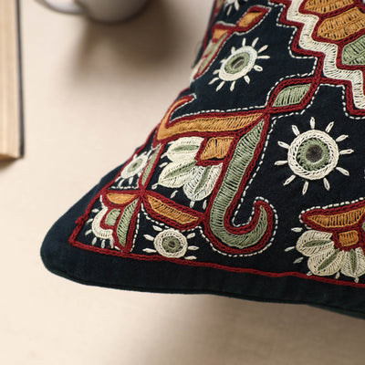 Black - Kala Raksha Pakko Hand Embroidery Cotton Cushion Cover (16 x 16 in)