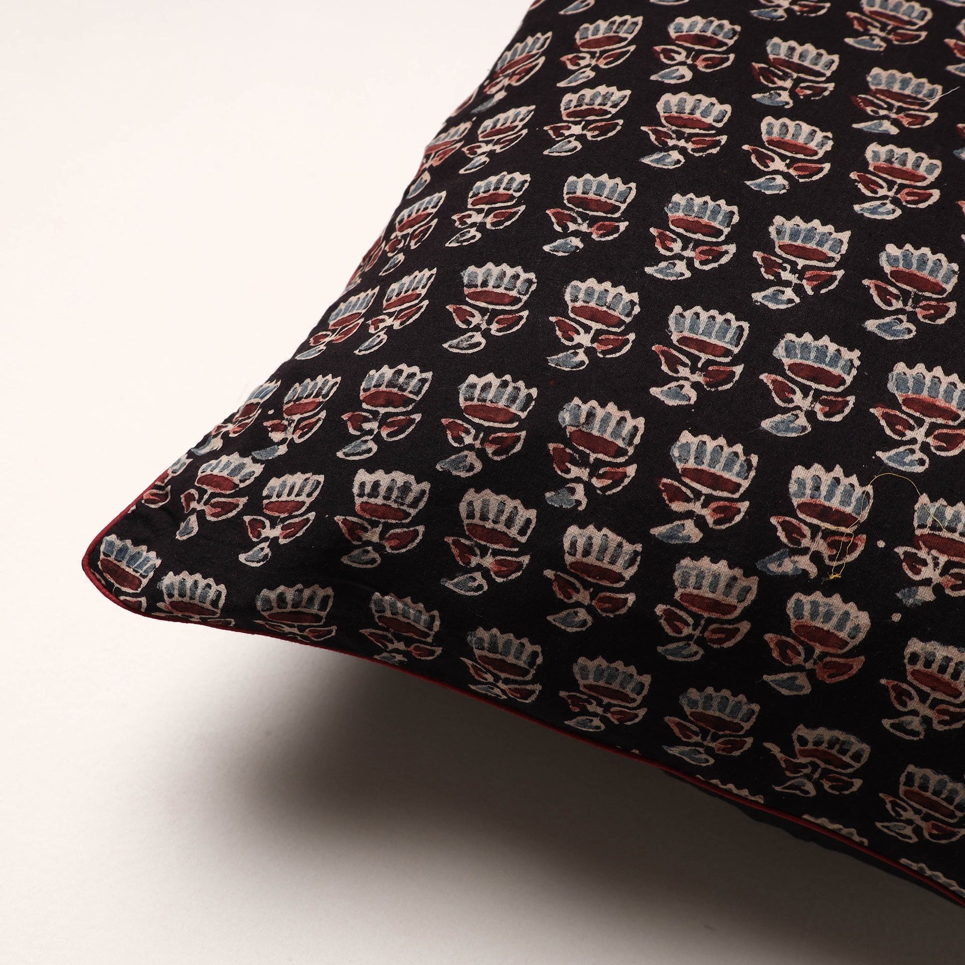 Black - Ajrakh Block Printed Cotton Cushion Cover (16 x 16 in)