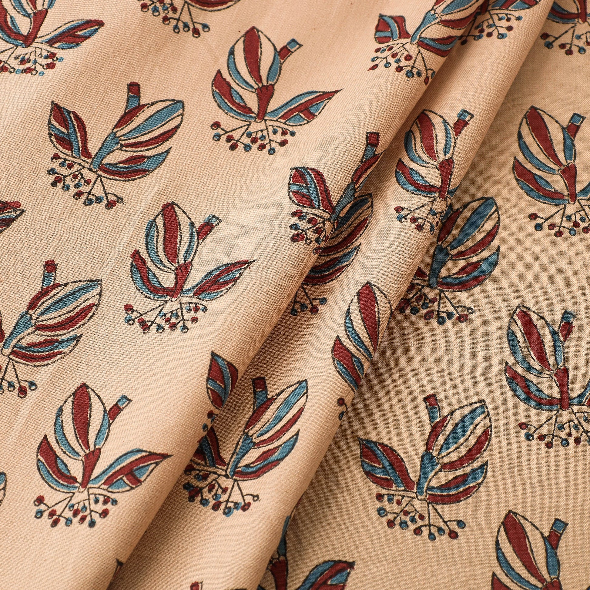 Beige - Mangalgiri Block Printed Handwoven Cotton Fabric